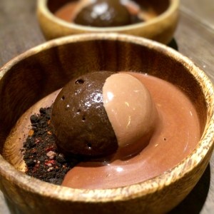 Buah Keluak Ice Cream, Salted Caramel, Warm Chocolate Espuma