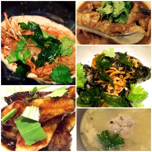 Non spicy Ah-ma-kase mains clockwise from top left. King Tiger Prawn with Turmeric Butter, Chap Chye, Baby Squid Assam Squid Ink, Crab Meatball Soup, Grilled Pork Jowl 