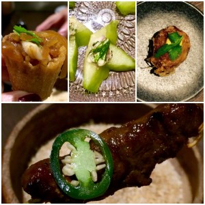 Non-spicy starter clockwise from top left: Kueh Pie Tee, Tumbuk Prawn, Bergedil, Beef Flank Satay